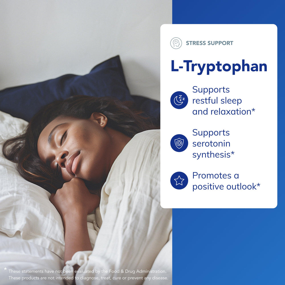 L-Tryptophan capsules on a nightstand suggesting an easy sleep routine