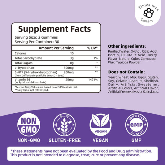 Close-up of bottle label highlighting 500mg tryptophan and 200mg 5-HTP