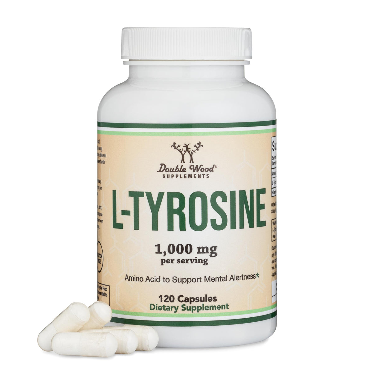 Bottle of L-Tyrosine 1000mg per serving with 120 capsules