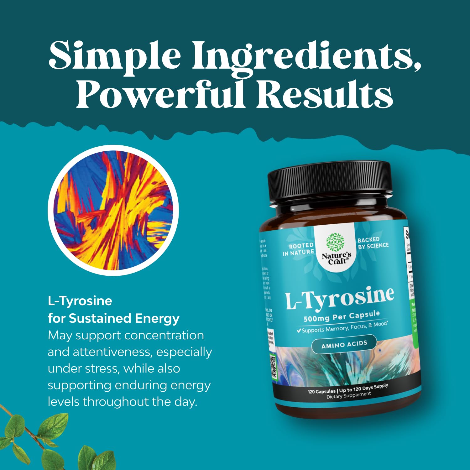 Bottle of L-Tyrosine 500mg capsules on white background