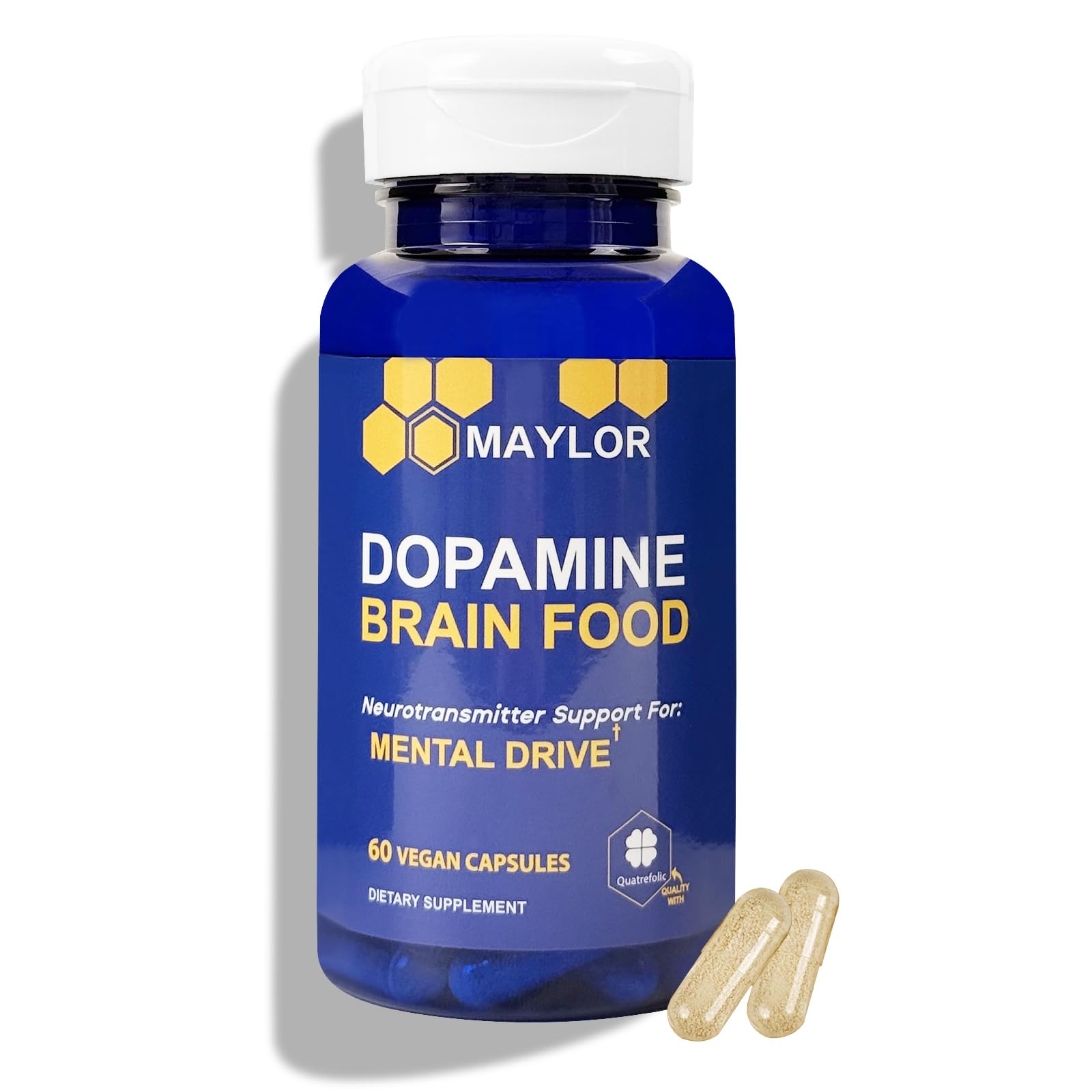 Bottle of L-Tyrosine dopamine brain food supplement with 650mg per serving, vegan capsules.