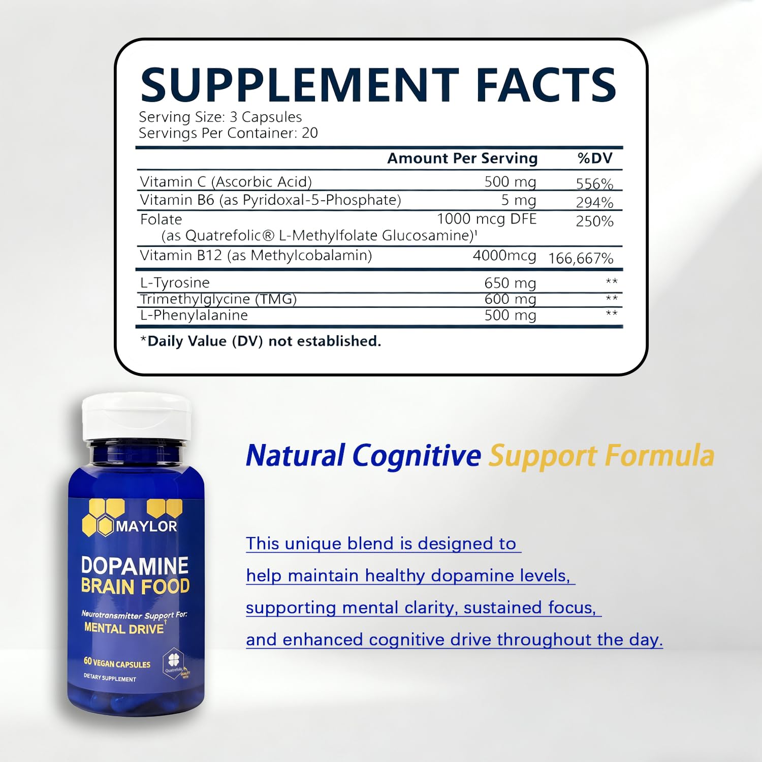 Close-up of vegan capsules from L-Tyrosine brain food supplement bottle.