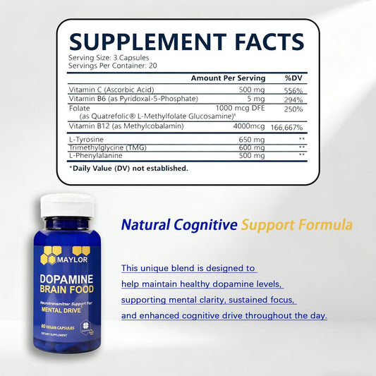 Close-up of vegan capsules from L-Tyrosine brain food supplement bottle.