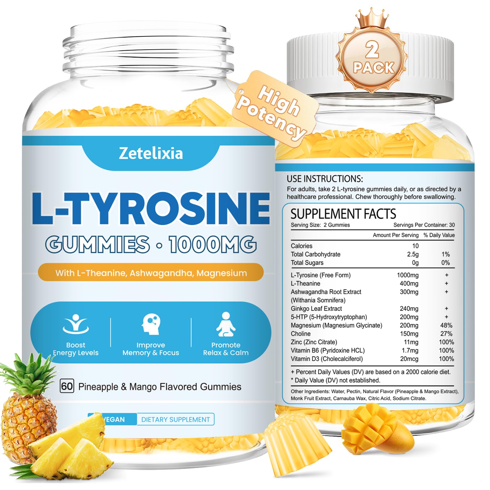 L Tyrosine Gummies bottle with Pineapple & Mango flavor