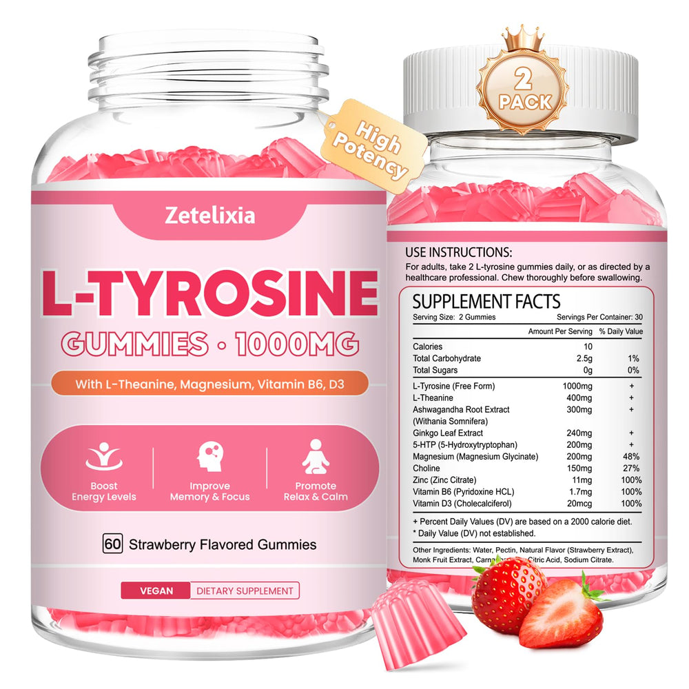 L Tyrosine Gummies 2-pack bottle front with strawberry flavor label