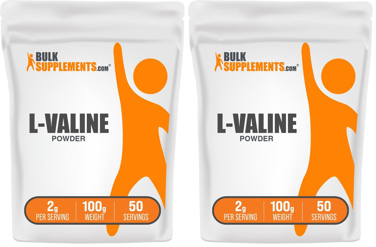 Front view of L-Valine powder packaging showing 2 g serving label