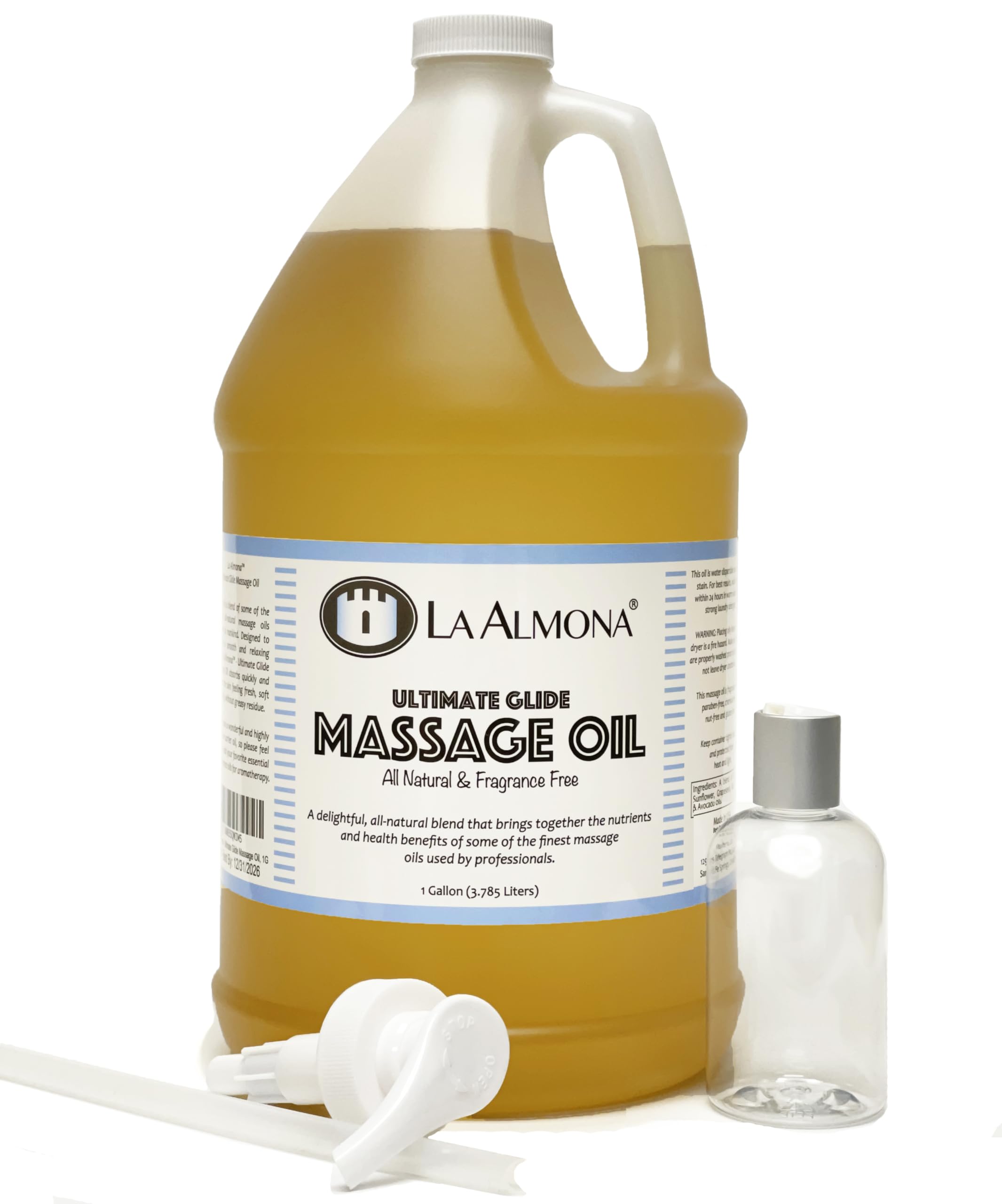 La Almona Ultimate Glide Massage Oil – 1 gallon bottle with dispensing pump and 4oz bottle