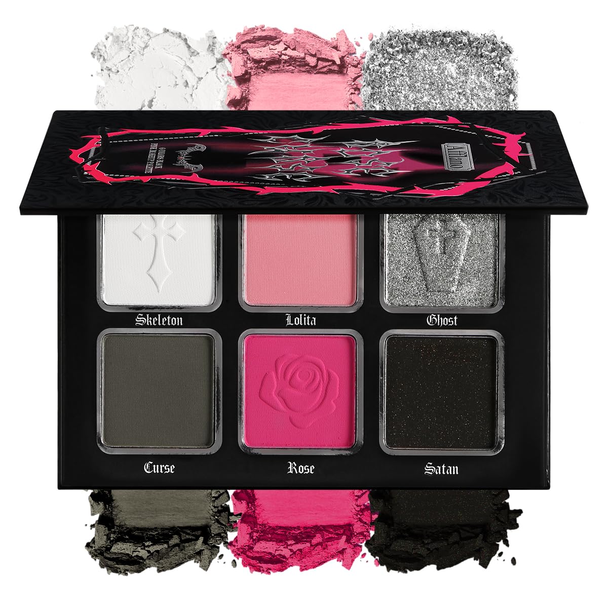 La Catrina Black Pink Eyeshadow Palette compact with bold gothic color payoff.