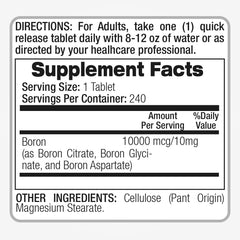Ingredients and nutrition facts panel of Boron supplement