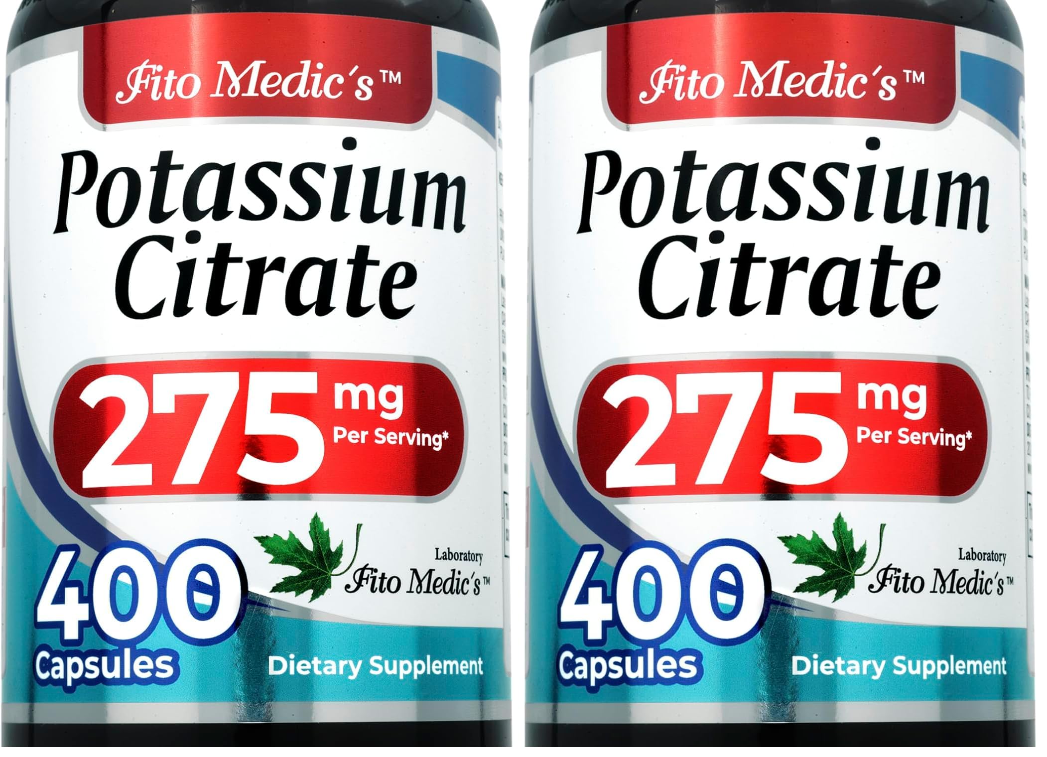 Potassium Citrate supplement bottle label showing 400 capsules and 275 mg