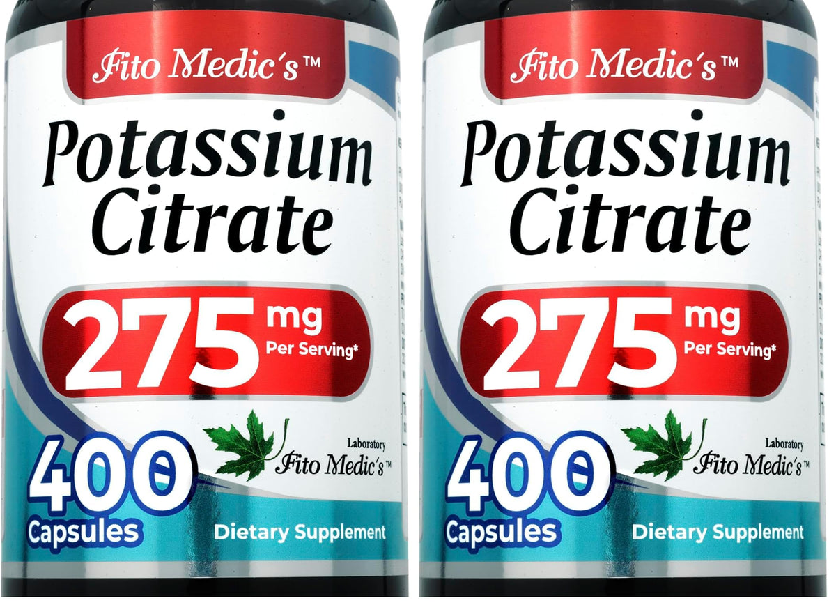 Potassium Citrate supplement bottle label showing 400 capsules and 275 mg