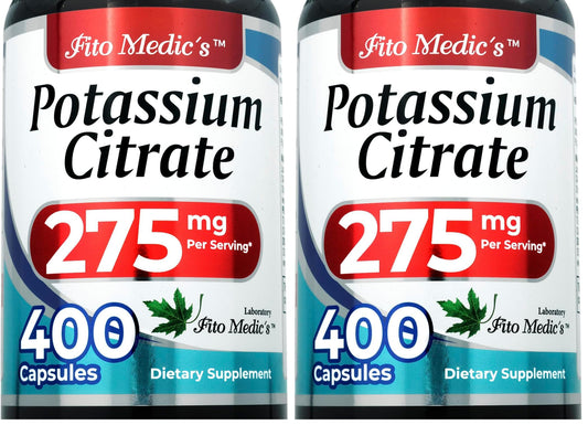 Potassium Citrate supplement bottle label showing 400 capsules and 275 mg