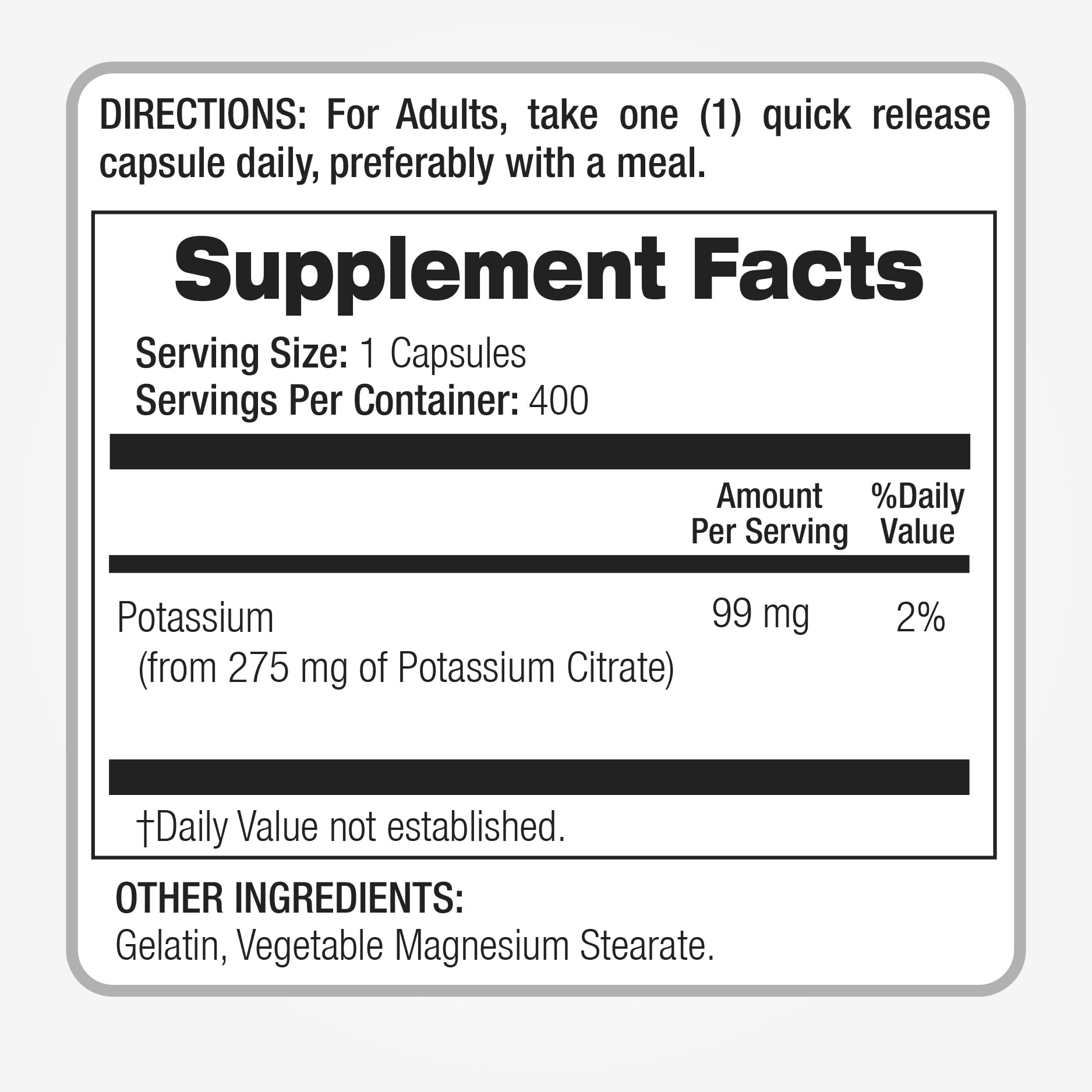 Product packaging layout for Lab Potassium Citrate 400 capsules