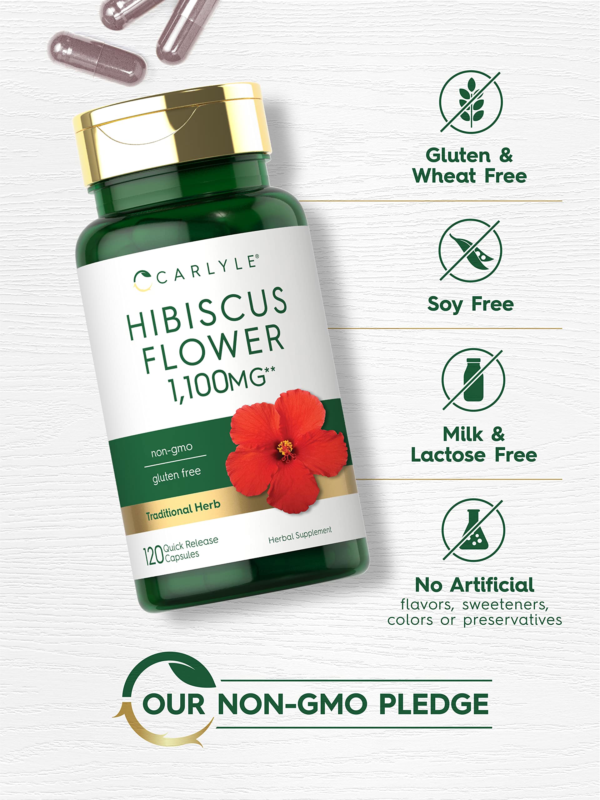 Lab-tested ingredients badge on Carlyle Hibiscus supplement