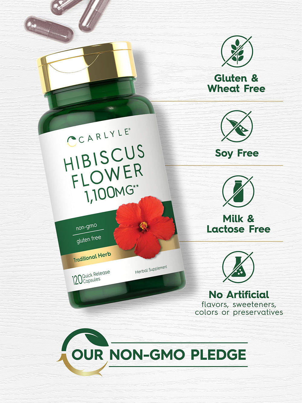 Lab-tested ingredients badge on Carlyle Hibiscus supplement