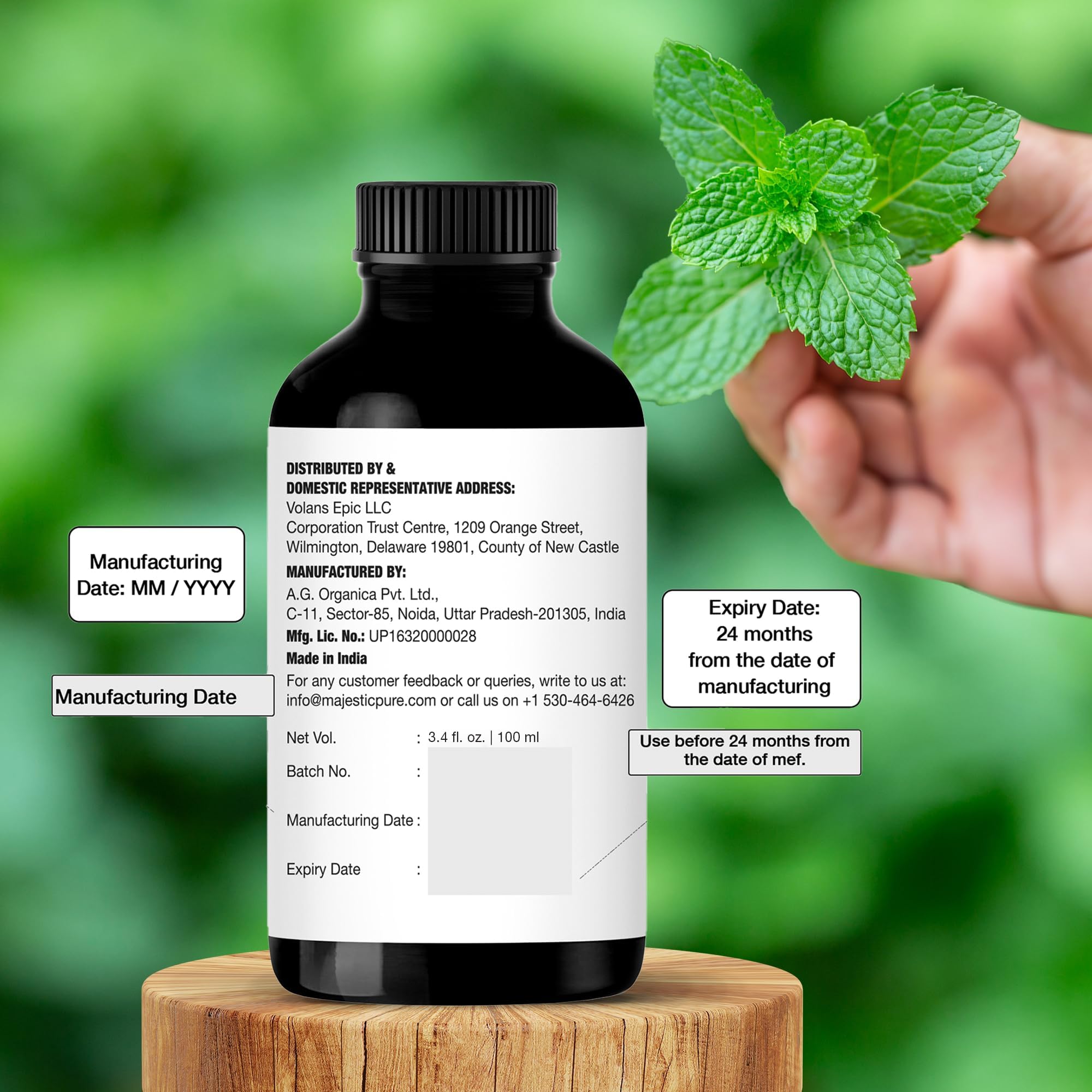 Majestic Pure peppermint oil labeled as lab-tested and pure