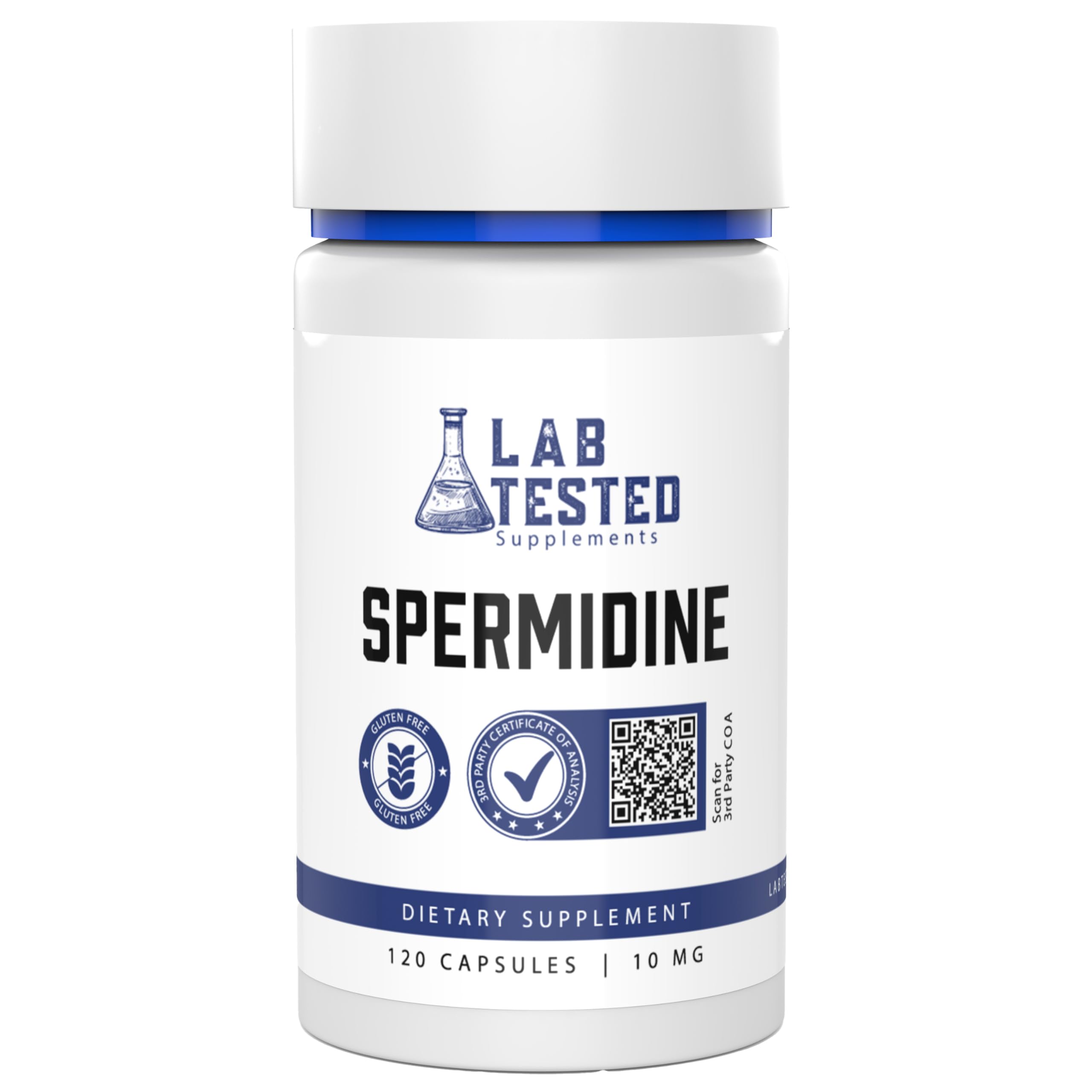 Lab-tested Spermidine 3HCl Trihydrochloride supplement bottle – 120 capsules