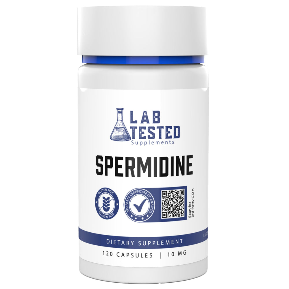 Lab-tested Spermidine 3HCl Trihydrochloride supplement bottle – 120 capsules