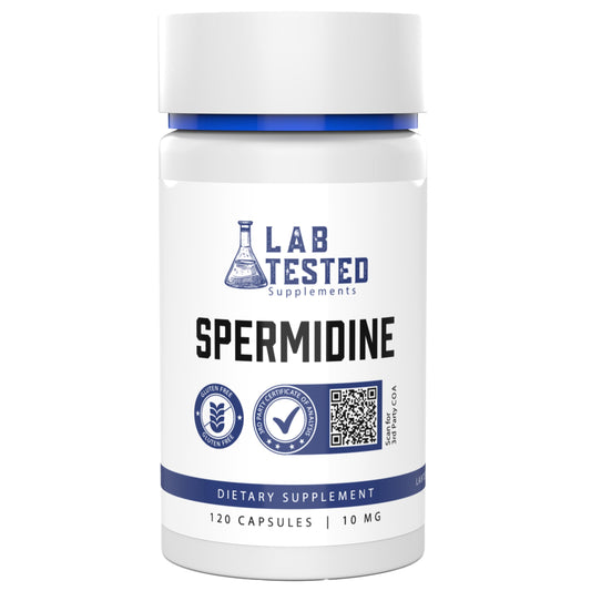 Lab-tested Spermidine 3HCl Trihydrochloride supplement bottle – 120 capsules