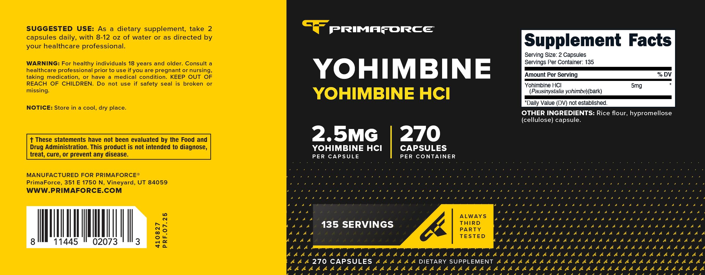 Lab-tested Yohimbine HCl 2.5mg PrimaForce certification