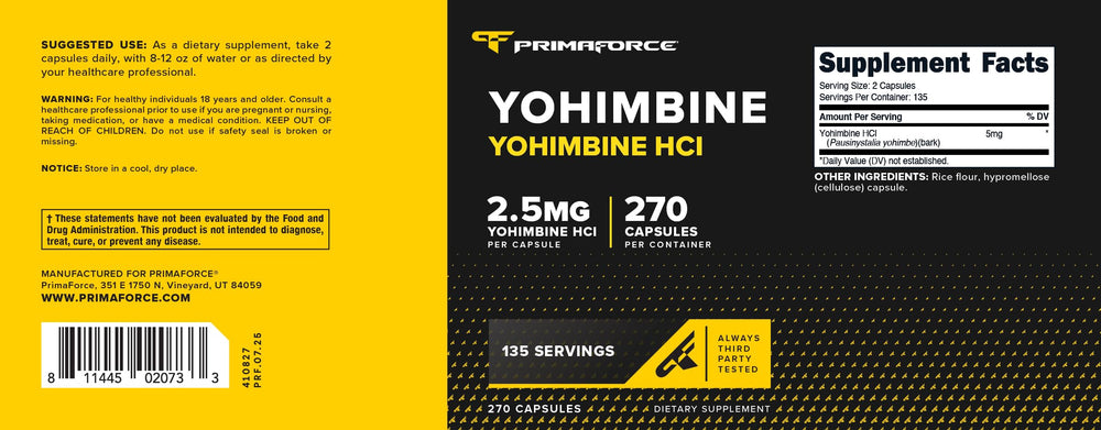 Lab-tested Yohimbine HCl 2.5mg PrimaForce certification