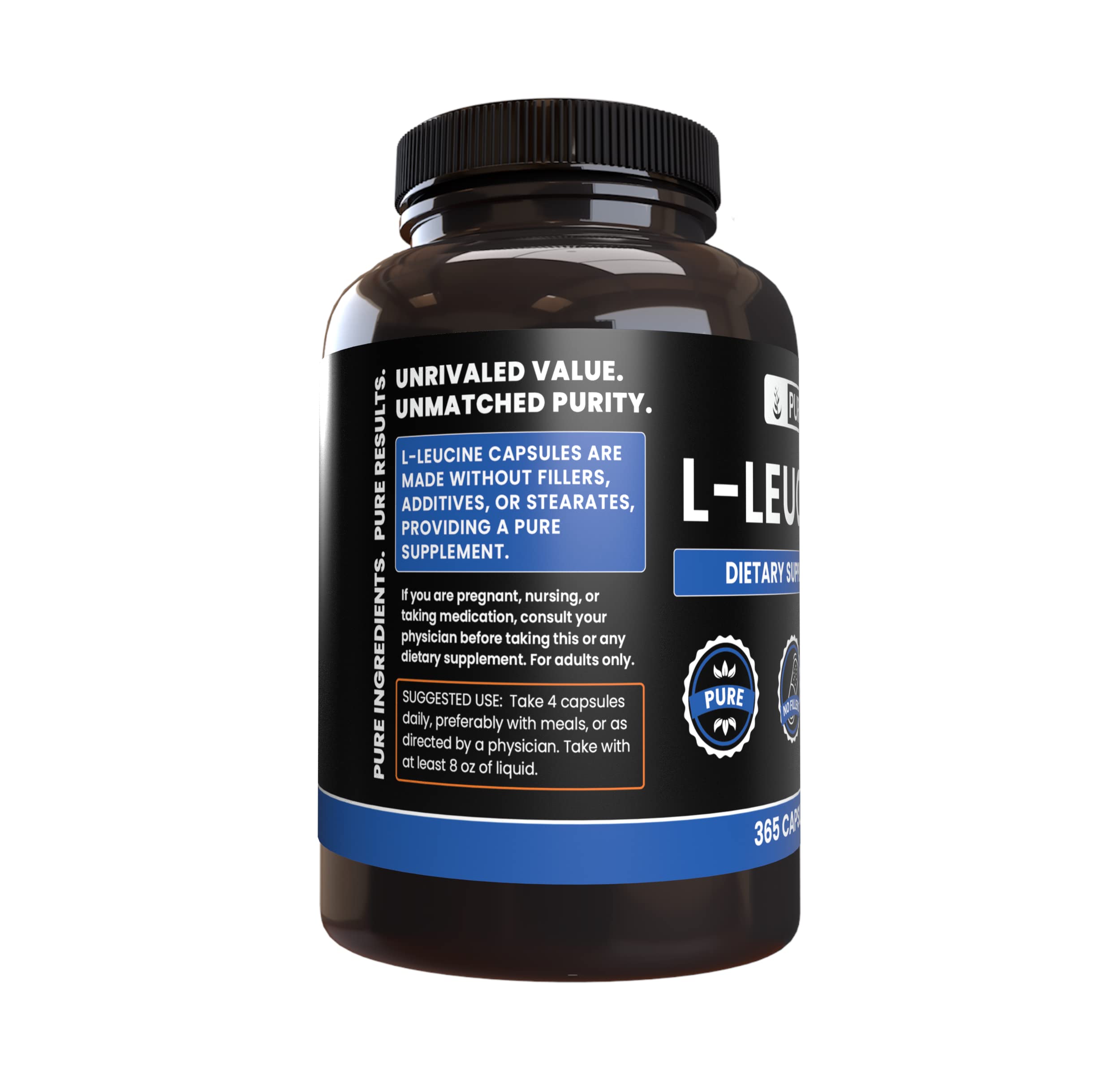 Lab-verified purity badge for L-Leucine capsules.