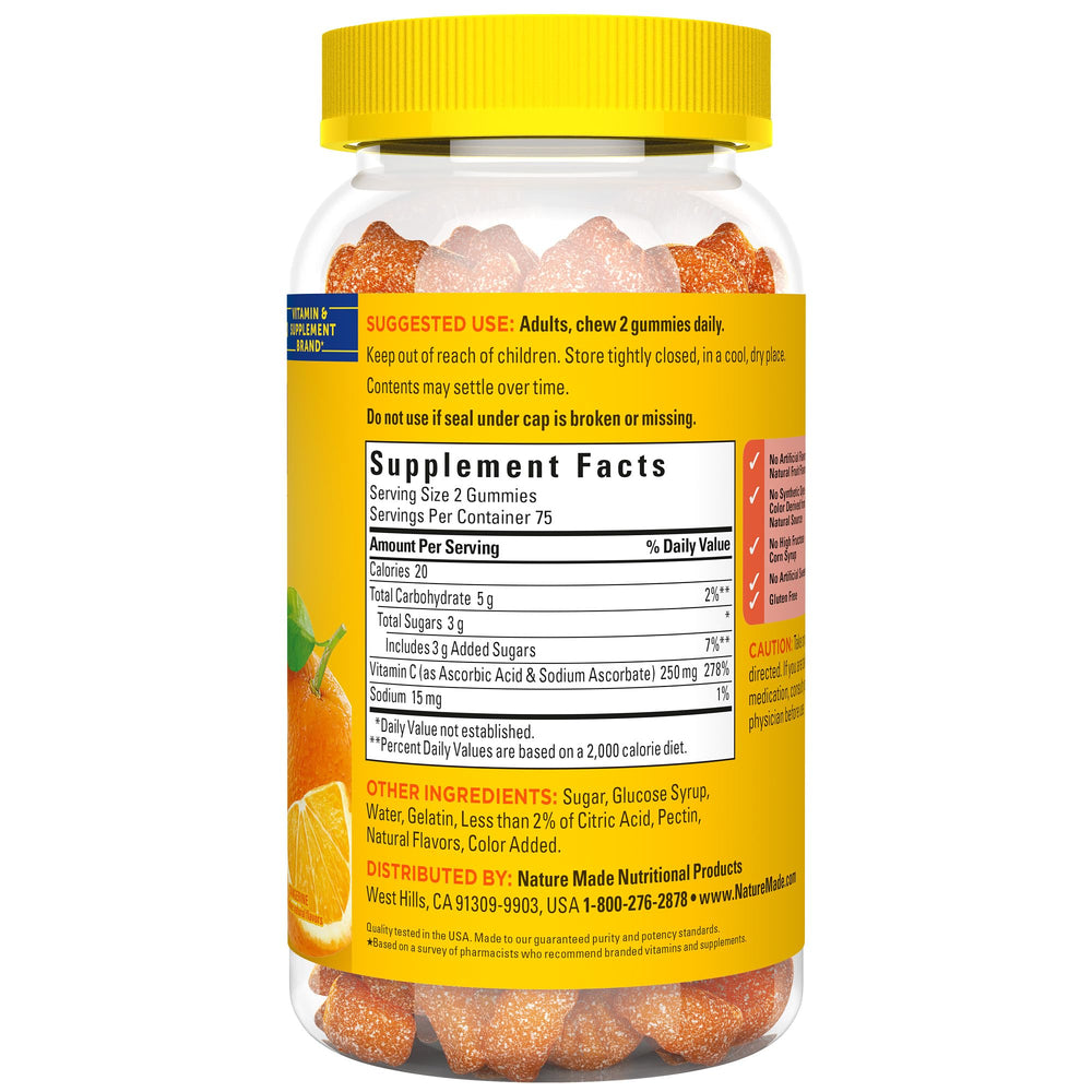 Close-up of the ingredient label on Vitamin C gummies package