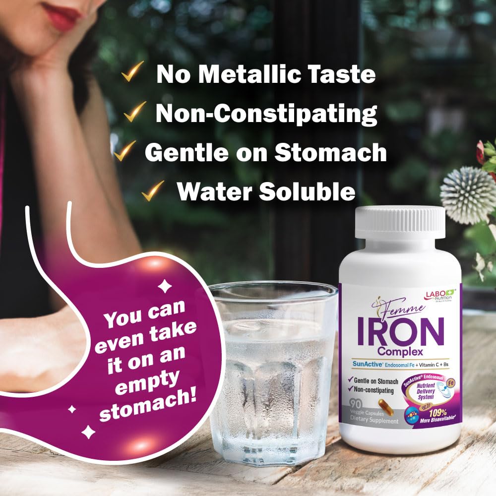 Product label highlighting vegan, gentle iron supplement