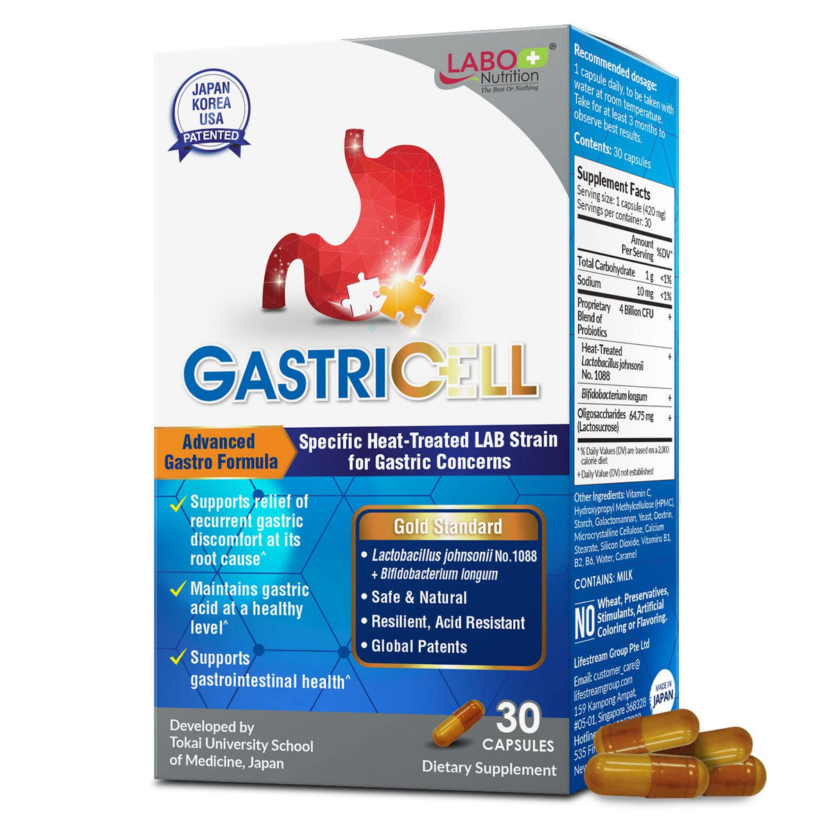 LABO Nutrition GASTRICELL bottle with capsules may support gastric comfort.