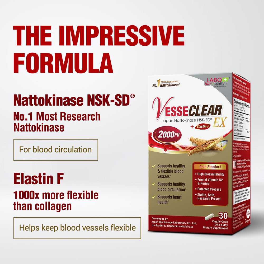 LABO Nutrition VesseCLEAR EX Elastin F fosters absorption and arterial resilience.