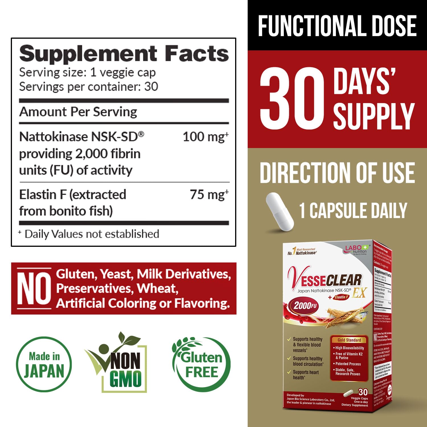 LABO Nutrition VesseCLEAR EX Elastin F capsule emphasizes arterial elasticity benefits.