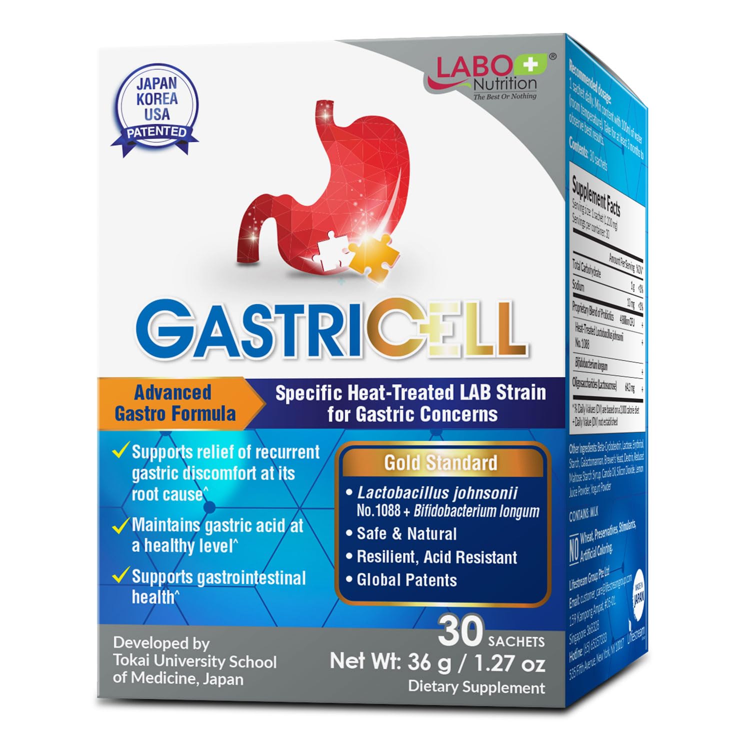 LABO Nutrition GASTRICELL sachets box offers convenient daily probiotic support for digestive balance.