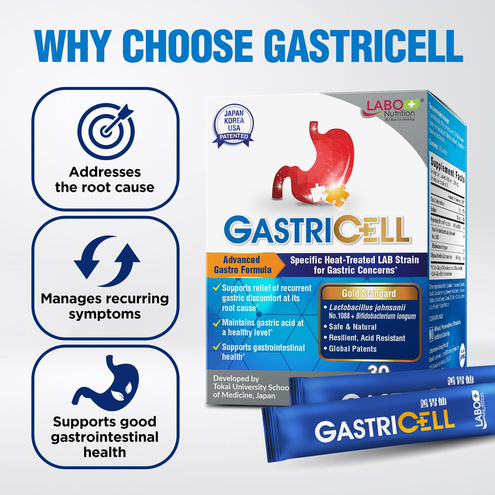 LABO Nutrition GASTRICELL sachets closeup shows easy-dose, on-the-go relief.