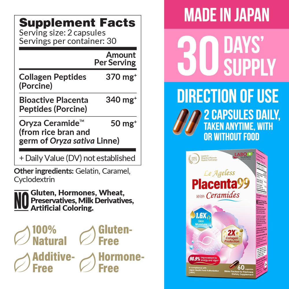 Close-up of product label for Le Ageless Placenta 99 with Ceramides