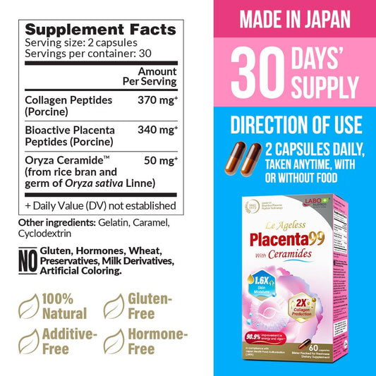 Close-up of product label for Le Ageless Placenta 99 with Ceramides