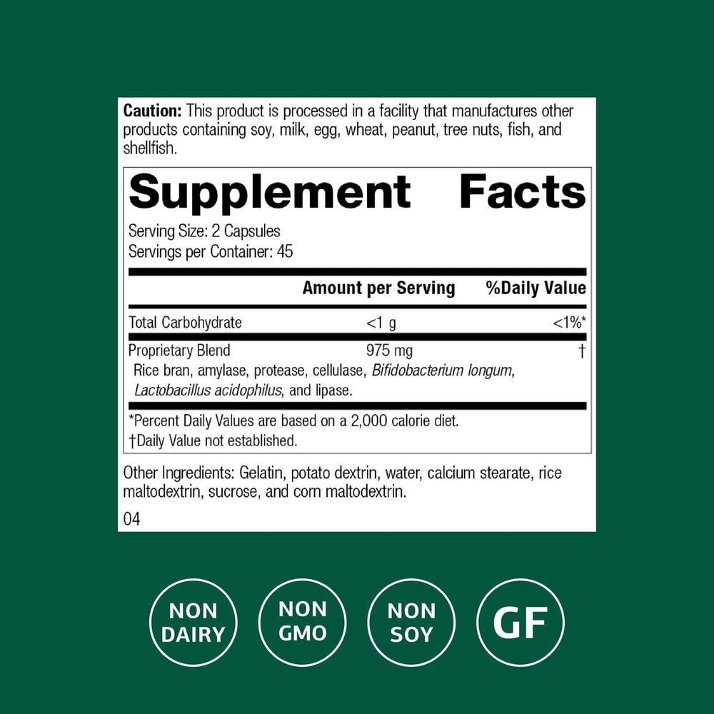 Close-up of Lact-ENZ label highlighting key ingredients including Bifidobacterium Longum and enzymes