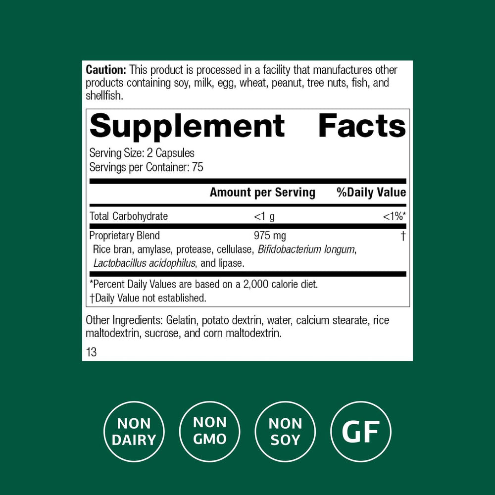 Label of Lact-Enz showing gluten-free non-dairy non-soy