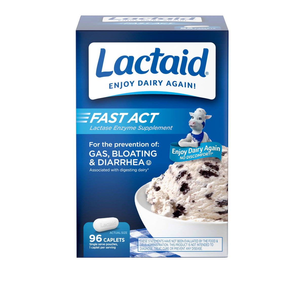 Lactaid Fast Act caplets packaging shows 9000 FCC lactase units for dairy comfort