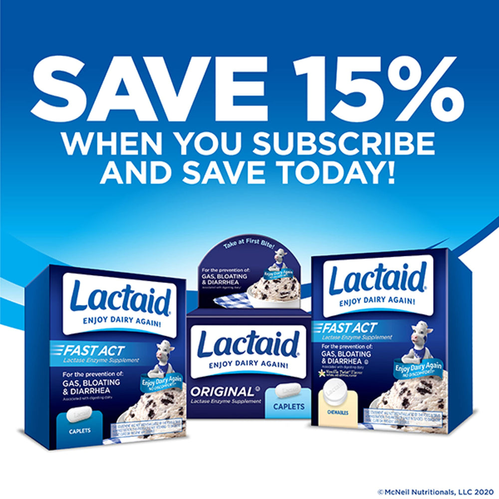 Lactaid Fast Act chewables in hand ready to take with dairy.