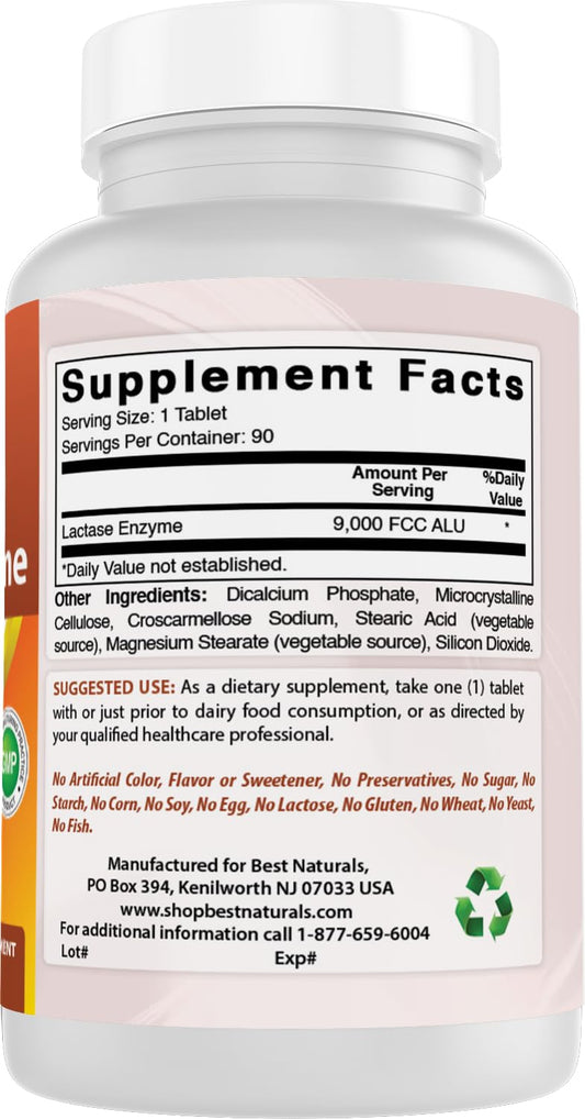Close-up of tablet showing 9000 FCC ALU natural lactase enzyme per tablet