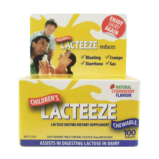 Front view of Lacteeze Children's 100 chewable Strawberry tablets by Gelda Scientific