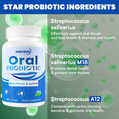 Illustration of Lactobacillus reuteri, Streptococcus salivarius, and A12 strains