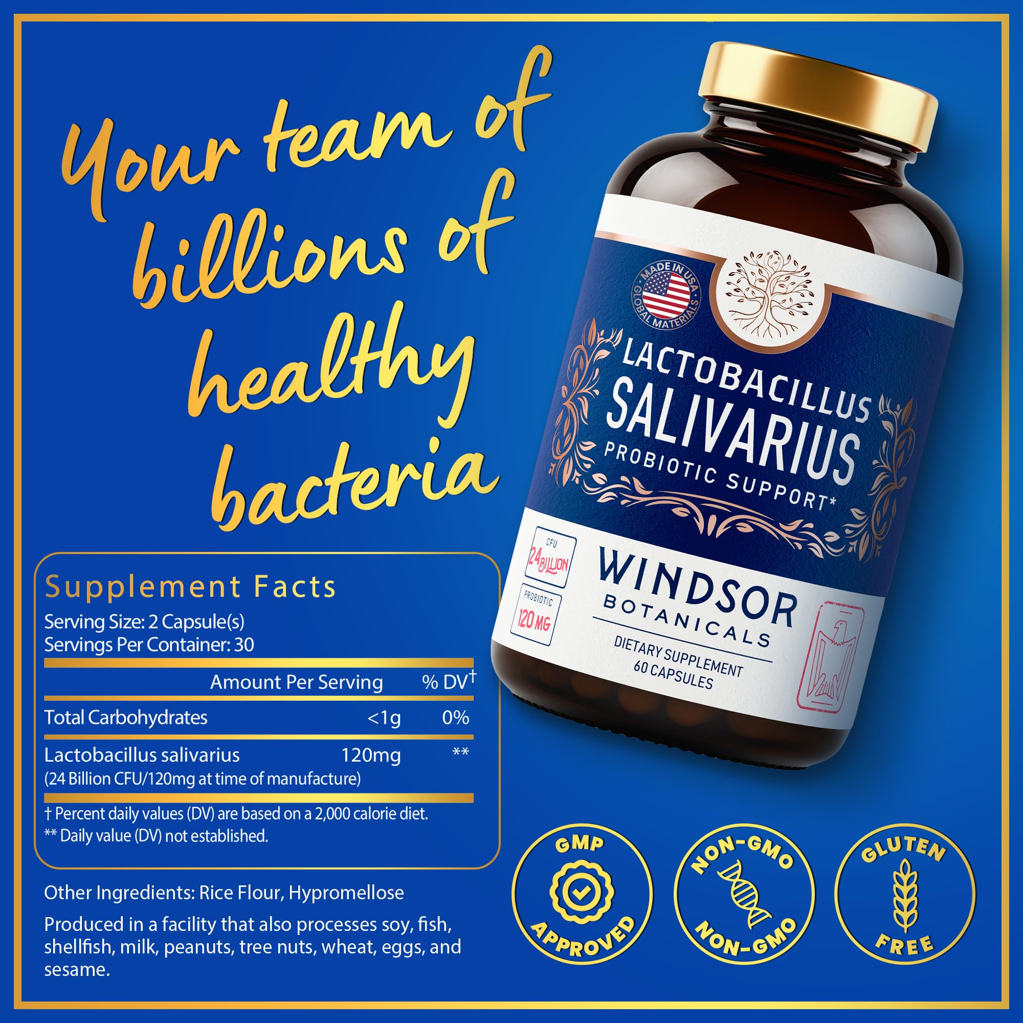 Close-up of 24 billion CFU Lactobacillus Salivarius label