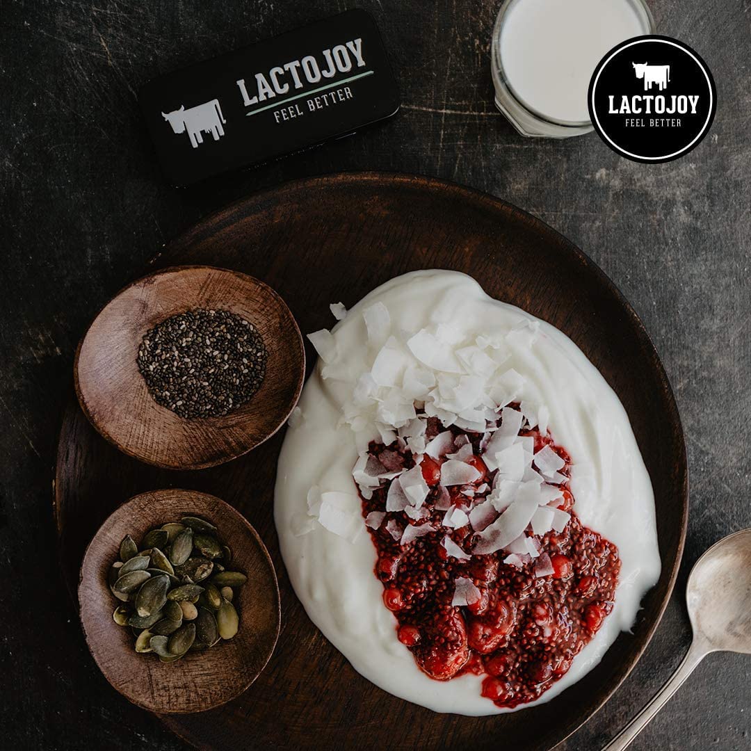 LactoJoy packaging emphasizes herbal ingredients alongside lactase enzyme