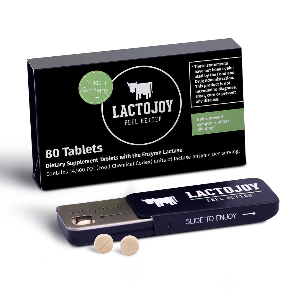 LactoJoy lactase pills foil pack highlights high-dosage lactase for lactose digestion