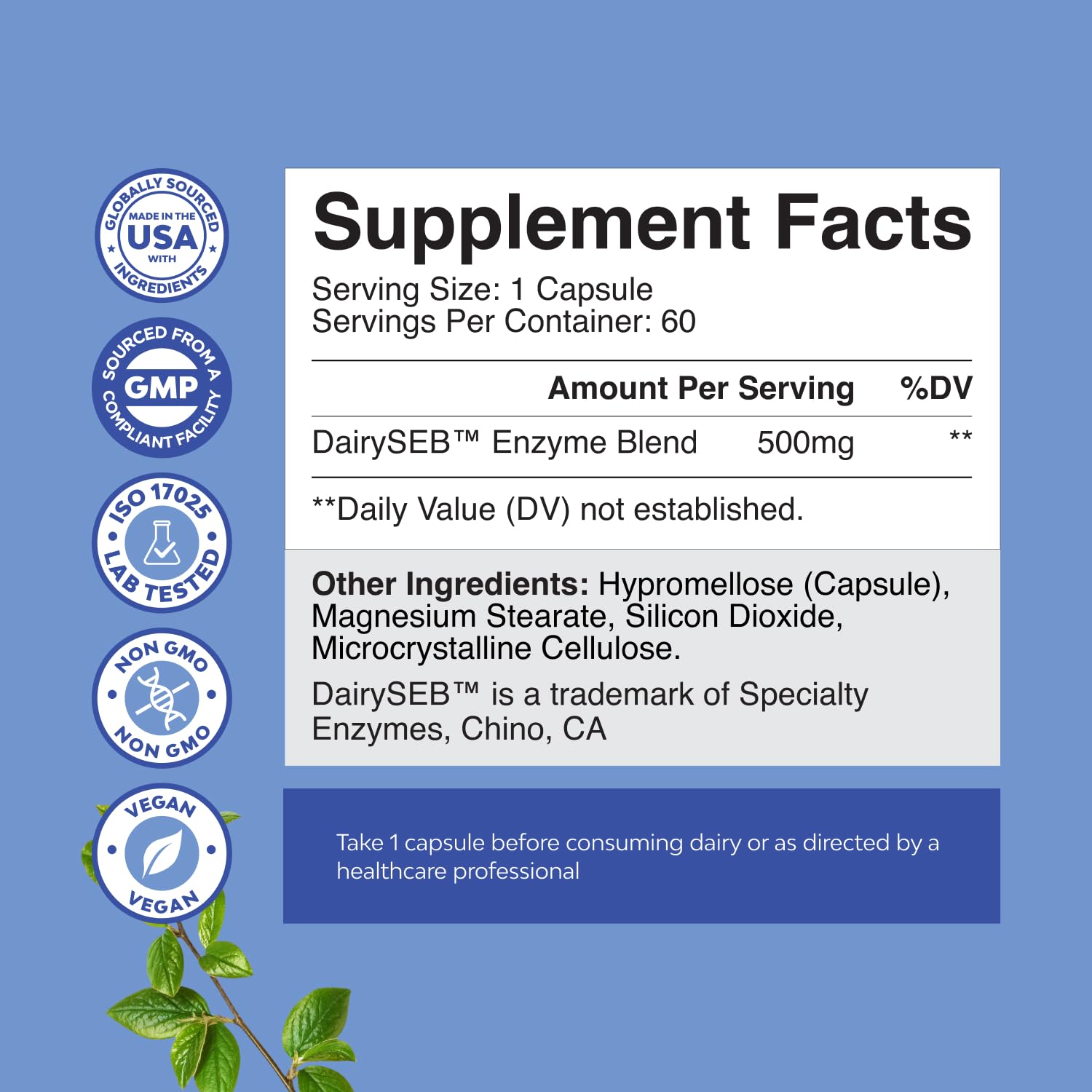 Close-up of dairy digestive enzyme capsules
