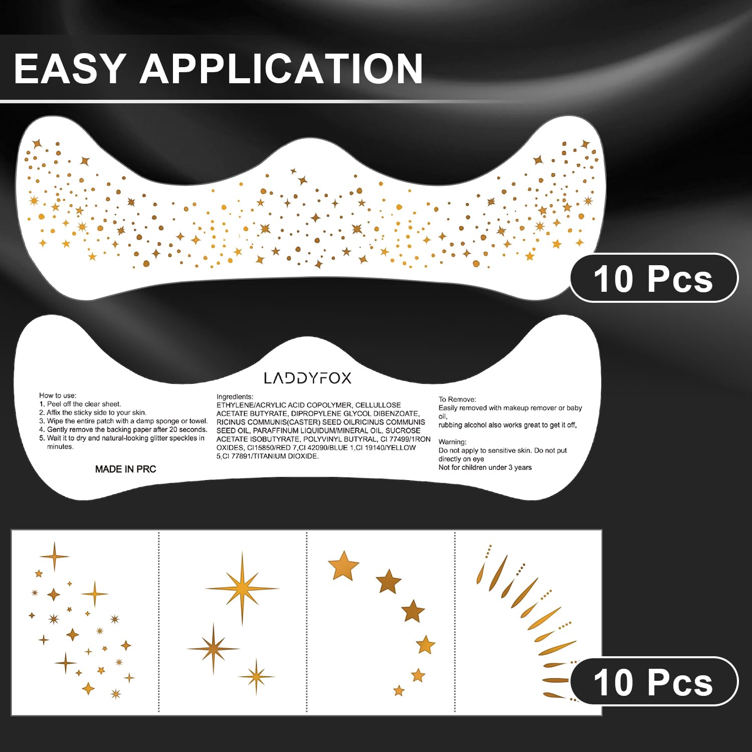 LADDYFOX glitter freckles patch set highlighting five shapes for creativity.
