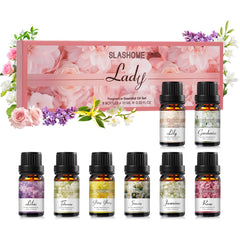 8x10ml Lady Floral Essential Oils set arranged in a display