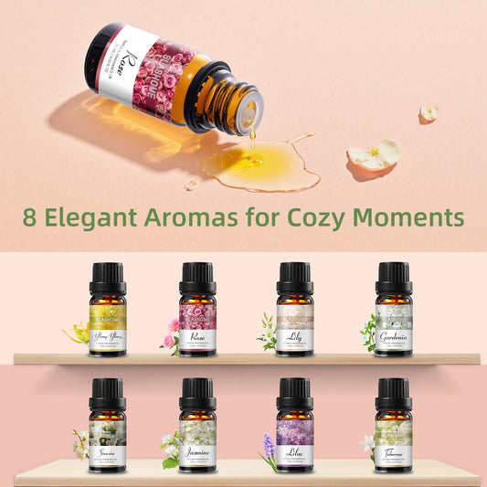 Close-up of eight 10ml essential oil bottles with flower labels