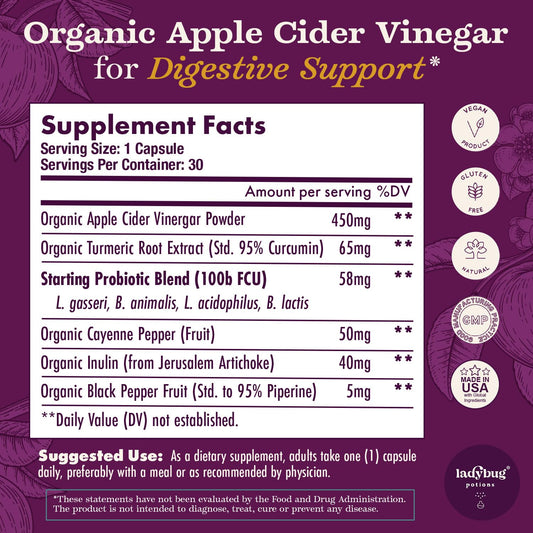 Ladybug Potions ACV capsules with turmeric and probiotics help balance gut health